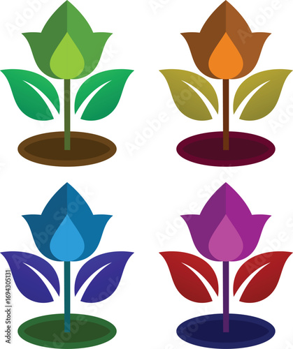 A detailed vector illustration featuring a set of four unique floral-inspired logos with a stylized growing plant symbol. This versatile collection is perfect for a wide variety of modern and creative