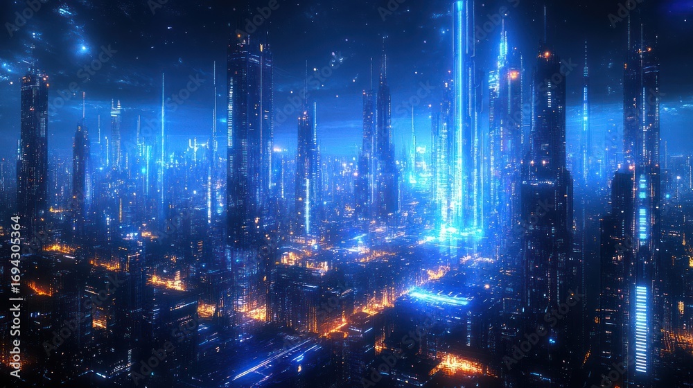 Naklejka premium Futuristic city aerial view, vibrant night lights, high-tech towers, potential stock photo
