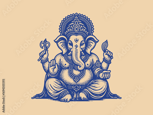 Ganesha Hindu god engraving seated ornate illustration vector