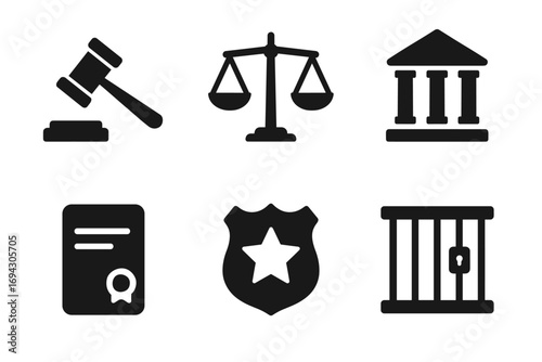 Set of six legal icons: gavel, scales, court, document, badge, jail