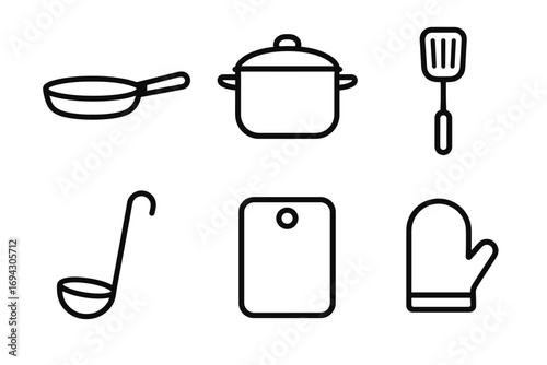 Minimalist kitchen utensil icons: pan, pot, spatula, ladle, cutting board, mitt