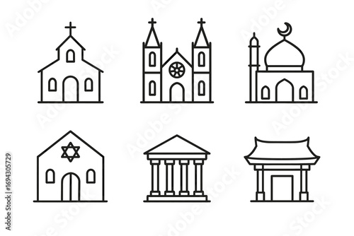Line art of diverse religious buildings including church, mosque, and temple