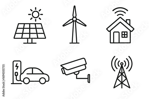 Renewable energy, smart technology, electric vehicles, home security, wireless communication icons