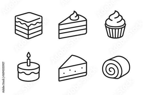 Assorted dessert icons: cake, cupcake, and swiss roll outlines