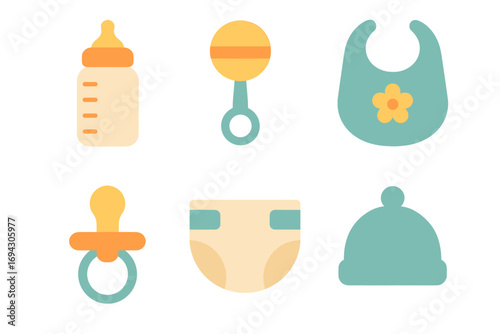 Set of baby essentials: bottle, rattle, bib, pacifier, diaper, cap