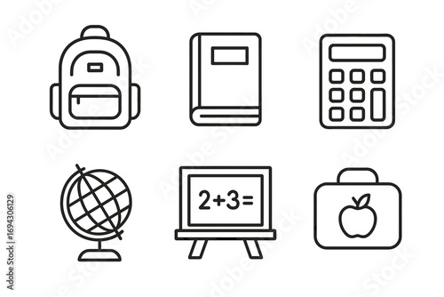 School essentials: backpack, book, calculator, globe, chalkboard, lunchbox icons