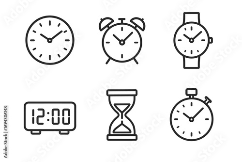Collection of various timekeeping devices including clocks and hourglass icons