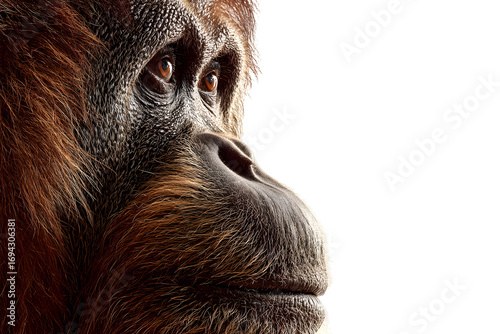 Close-up side portrait of orangutan with textured skin and soulful eyes isolated on transparent background