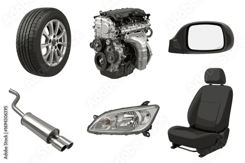 Collection of car parts: engine, tire, mirror, exhaust, headlight, seat