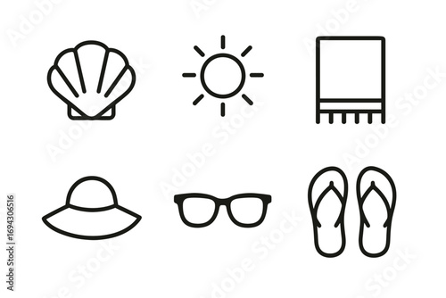 Beach essentials: shell, sun, towel, hat, sunglasses, flip-flops icons set
