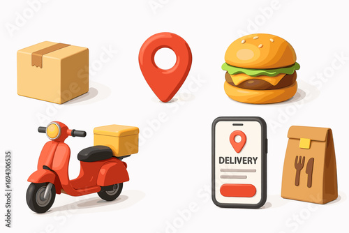 Food delivery icons: scooter, package, burger, location pin, mobile app