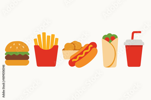 Fast food icons: burger, fries, nuggets, hot dog, wrap, drink