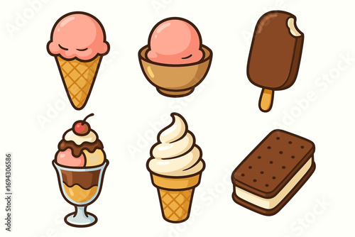 Assorted cartoon ice cream: cones, sundae, bar, sandwich, chocolate, vanilla
