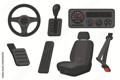 Car interior parts: steering wheel, gear shift, pedals, dashboard, seat, seatbelt
