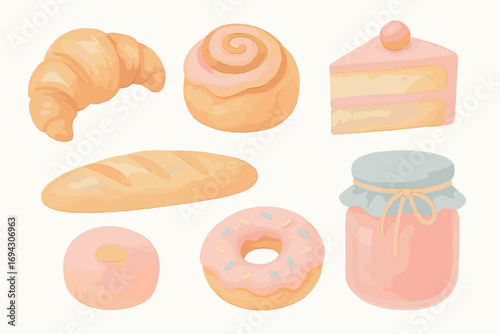 Assorted bakery items: croissant, cinnamon roll, cake slice, bread, donut, jam jar