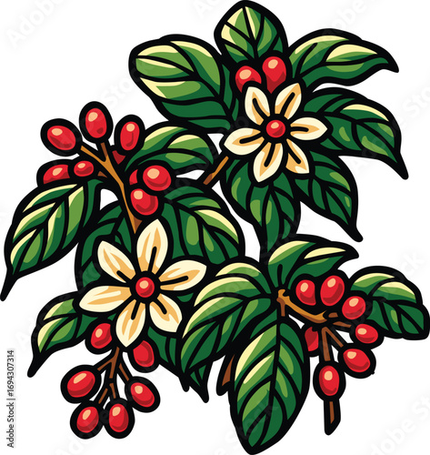 Editable EPS file of coffee plant with green leaves, white flowers, and red coffee cherries. Perfect for agriculture, botanical, beverage, organic farming, and tropical themed creative projects