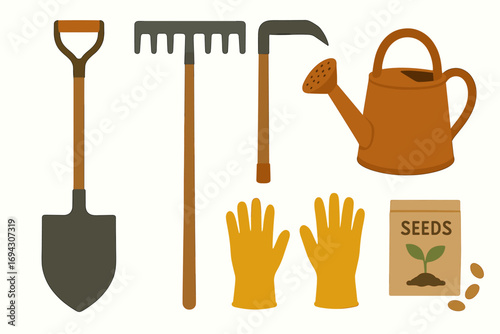 Gardening tools and equipment: shovel, rake, hoe, watering can, gloves, seed packet
