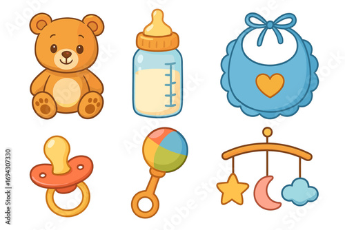Cute baby items collection: teddy bear, bottle, bib, pacifier, rattle, mobile