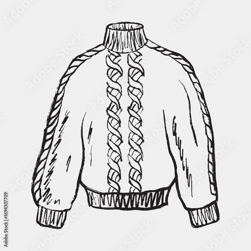 Hand-drawn sketch of a cozy knitted sweater, symbolizing warmth and comfort in a rustic style. Vector sketch illustration in crayon vintage style. Winter warm clothes, Christmas clothes design