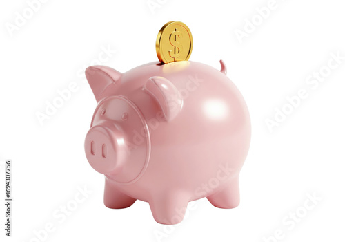 Piggy bank coin savings finance pink money investment gold isolated wealth. pink piggy bank with gold coin on top symbolizes saving money and financial security evoking sense of optimism