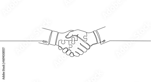 Handshake with puzzle pieces representing partnership in line art  