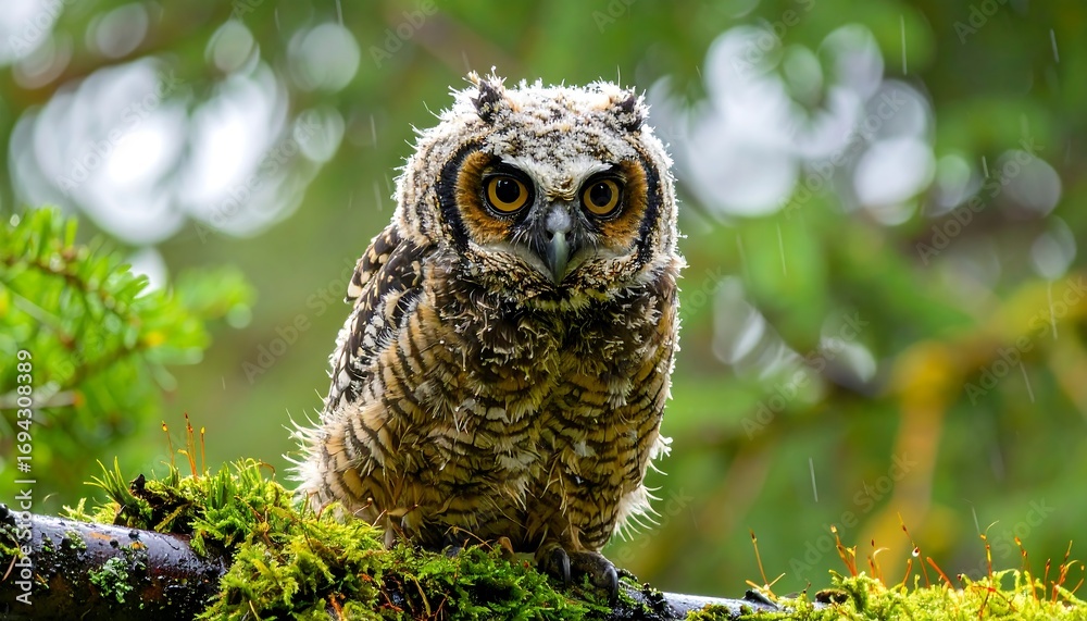 Fototapeta premium Baby owl in a forest during rain