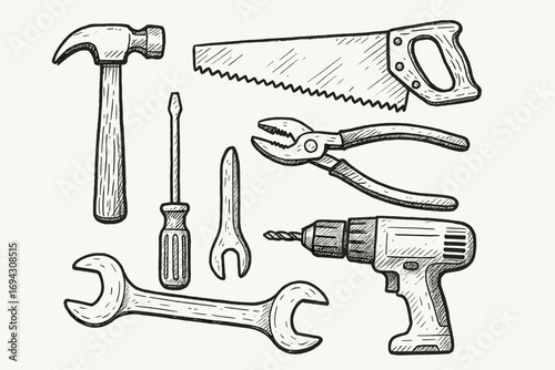 Hand-drawn tool collection featuring hammer, saw, and drill