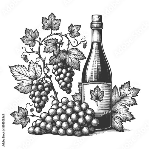 wine bottle surrounded by grape clusters and vine leaves, symbolizing winemaking, vineyards, and tradition sketch engraving generative ai vector illustration. Scratch board. Black and white image.