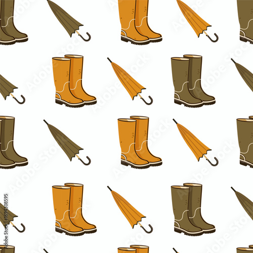 Seamless pattern with autumn rubber boots and umbrellas. Waterproof protective footwear for rainy weather, gardening or farming. Vector illustration.