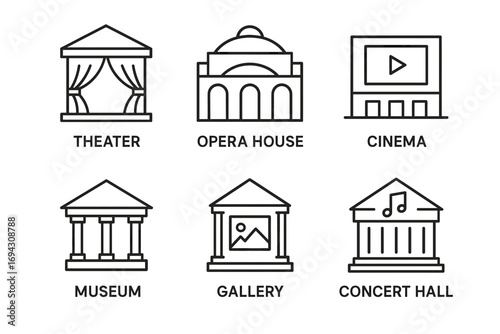 Icons of theater, opera house, cinema, museum, gallery, concert hall