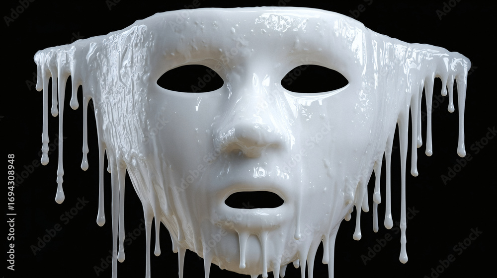 Naklejka premium Melting white mask drips with liquid paint symbolizing transformation identity or a surreal concept