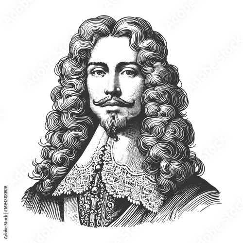 aristocratic man with long curly hair, lace collar, and elegant clothing from historical era sketch engraving generative ai fictional character vector illustration. Scratch board. Black and white.