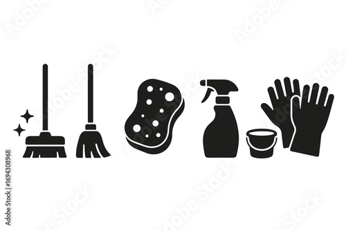 Cleaning tools icons: broom, mop, sponge, spray, gloves, bucket illustrated in black