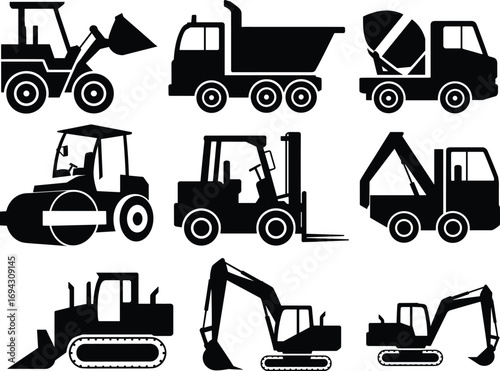 Construction vehicle silhouettes, industrial equipment icon set, bulldozer excavator mixer, flat vector illustration, heavy machinery graphic, transport service design