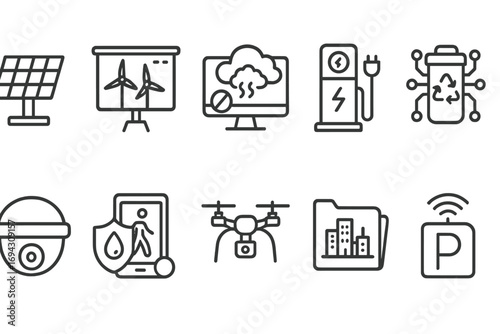 Sustainability and renewable energy outline icon set. eco, solar, clean power icons