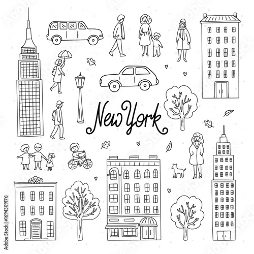 Hand drawn New York doodles. Vector New York illustrations on white background. Cute city clipart