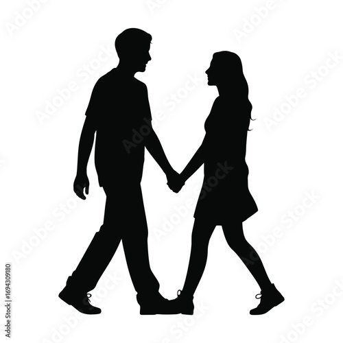 Silhouette of couple walking hand in hand, dressed casually with visible shoes, symbolizing companionship, connection, and shared moments