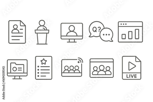 Conference, presentation outline icon set. meeting, webinar, seminar communication icons