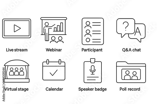 Virtual event outline icon set. webinar, live stream, q&a, and calendar icons