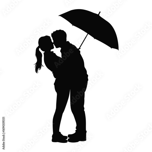 Silhouette of romantic couple kissing under umbrella, symbolizing love, intimacy, and emotional connection on a rainy day with white background