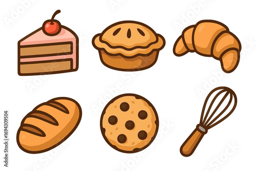 Assorted bakery icons: cake, pie, croissant, bread, cookie, whisk
