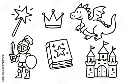 Magical kingdom adventure with knight, dragon, castle, wand, crown, and book