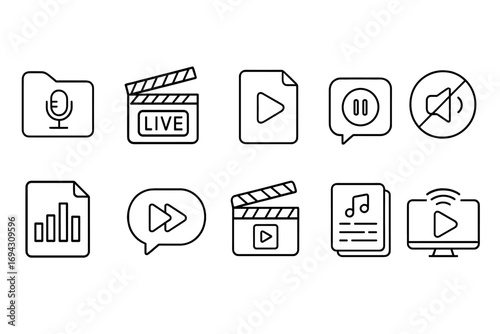 Media control line icon set. audio, video, playback controls in outline style