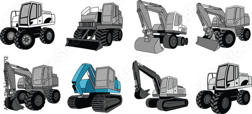 Construction vehicle silhouettes, excavator bulldozer loader icons, industrial equipment graphic, flat vector illustration, earth-moving machinery design, transport service set