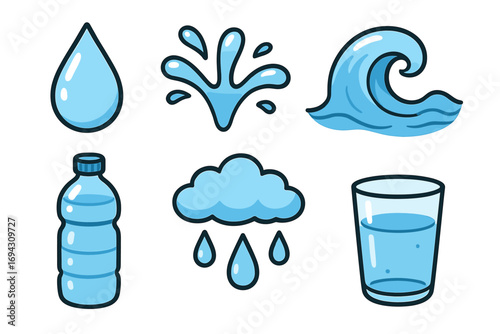 Water icons collection: drop, splash, wave, bottle, cloud, glass