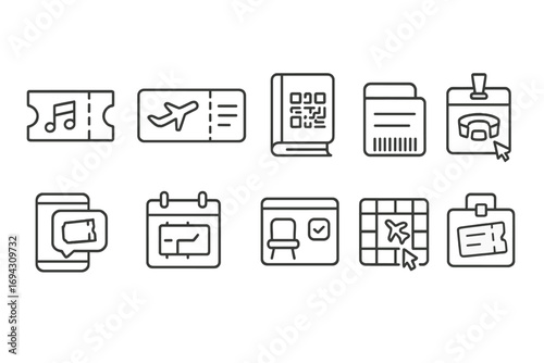 Transportation and ticketing icon set. clean designs in outline style