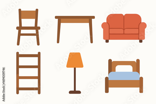 Collection of simple wooden furniture icons featuring chair, table, couch, ladder, lamp, bed