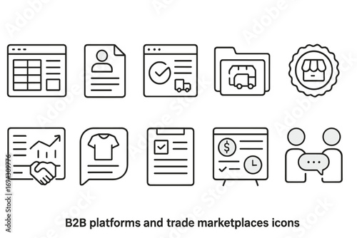 B2b platforms and trade marketplaces line icon set. business, communication collection