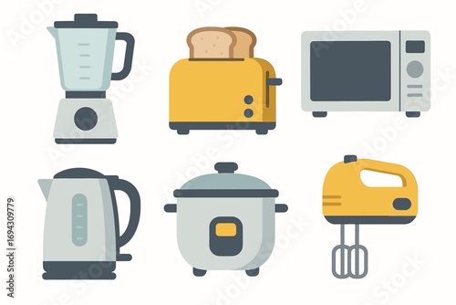 Essential kitchen appliances: blender, toaster, microwave, kettle, rice cooker, mixer