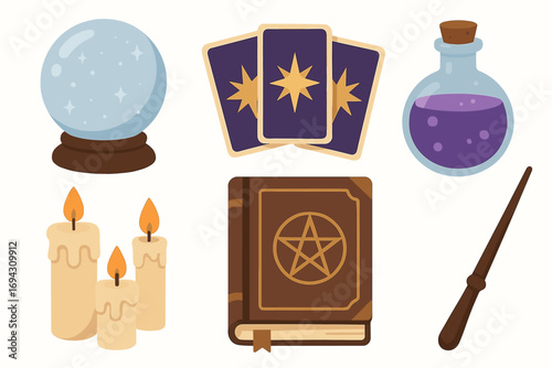 Mystical objects collection: crystal ball, tarot cards, potion, candles, spellbook, wand